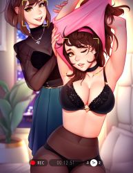 Rule 34 | 2girls, armpits, arms up, black bra, black choker, black panties, blue skirt, bra, breasts, brown eyes, brown hair, brown legwear, choker, cleavage, commentary, english commentary, facial recognition, hairband, heart, heart necklace, highres, jewelry, large breasts, leah koenig, lingerie, long hair, mea koenig, medium breasts, medium hair, multiple girls, navel, necklace, no pants, one eye closed, original, panties, panties under pantyhose, pantyhose, parted lips, pink hairband, ponytail, recording, see-through, see-through legwear, see-through shirt, siblings, sidelocks, sisters, sitting, skirt, teeth, tsuaii, underwear, undressing another, upper teeth only, viewfinder