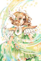 Rule 34 | 1990s (style), 1girl, armor, blonde hair, colored pencil (medium), cowboy shot, elbow gloves, gem, gloves, green skirt, hair ornament, hairband, head wings, hououji fuu, jigoro (mig60gummy), magic, magic knight rayearth, no eyewear, official alternate costume, parted lips, pleated skirt, retro artstyle, short hair, skirt, solo, traditional media, white gloves, wings