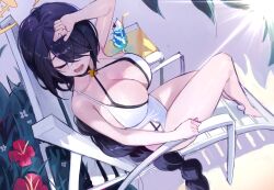 Rule 34 | 1girl, absurdres, bare legs, black hair, blue archive, braid, chair, collarbone, drink, flower, hair over one eye, halo, highres, hinata (blue archive), hinata (swimsuit) (blue archive), jinbin825, long hair, lounge chair, one-piece swimsuit, single braid, solo, sunlight, swimsuit, white swimsuit