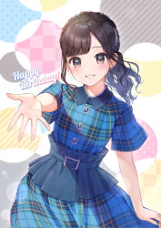 Rule 34 | 1girl, black hair, blue dress, blue nails, blush, brown eyes, commentary request, copyright request, diagonal stripes, dress, hair ornament, happy birthday, long hair, looking at viewer, momoshiki tsubaki, nail polish, outstretched arm, parted lips, plaid, plaid dress, polka dot, real life, short sleeves, smile, solo, striped, x hair ornament