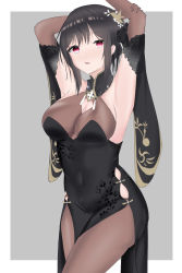 Rule 34 | 1girl, absurdres, arm behind head, armpits, arms up, azur lane, black dress, black flower, black hair, black rose, bodystocking, breasts, chen hai (azur lane), chen hai (vestibule of wonders) (azur lane), china dress, chinese clothes, cleavage, cleavage cutout, clothing cutout, covered navel, detached collar, dress, elbow gloves, flower, gloves, grey background, hair flower, hair ornament, highres, lace, lace-trimmed gloves, lace trim, looking at viewer, official alternate costume, pelvic curtain, presenting armpit, purple eyes, rose, simple background, sleeveless, sleeveless dress, solo, standing, taut clothes, taut dress, tianyuyueguang, tight clothes, tight dress, two-tone background, white background