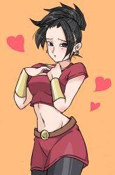 Rule 34 | 10s, 1girl, belt, black eyes, black hair, blush, bracer, breasts, brown belt, crop top, dragon ball, dragon ball super, earrings, groin, hair intakes, hands on own chest, heart, high ponytail, highres, jewelry, kale (dragon ball), lips, long hair, looking at viewer, medium breasts, midriff, miniskirt, navel, open mouth, orange background, red shirt, red skirt, roni (loni 0509), shirt, short sleeves, shorts under skirt, simple background, single hair intake, skirt, solo, standing
