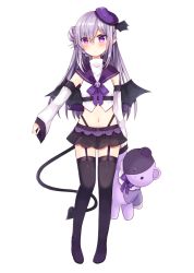 Rule 34 | 1girl, bare shoulders, beret, black footwear, black skirt, blush, boots, closed mouth, commentary request, crop top, demon girl, demon tail, demon wings, detached sleeves, doll, full body, garter straps, hair between eyes, hair bun, hat, highleg, holding, holding doll, light purple hair, long hair, long sleeves, looking at viewer, maki soutoki, midriff, miniskirt, navel, original, pleated skirt, pointy ears, purple eyes, purple hat, purple ribbon, purple sailor collar, ribbon, sailor collar, shirt, side bun, sidelocks, simple background, single hair bun, single side bun, skirt, solo, standing, stomach, stuffed animal, stuffed toy, tail, teddy bear, thigh boots, thighhighs, white background, white shirt, wings, zettai ryouiki