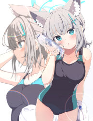 1girl absurdres animal_ear_fluff animal_ears black_one-piece_swimsuit blue_archive blue_eyes bottle breasts commentary_request competition_swimsuit cowboy_shot cross_hair_ornament extra_ears grey_hair hair_ornament halo highres kame_(nokonoko10271) leaning_forward low_ponytail medium_breasts medium_hair mismatched_pupils multicolored_clothes multicolored_swimsuit multiple_views official_alternate_costume one-piece_swimsuit shiroko_(blue_archive) shiroko_(swimsuit)_(blue_archive) simple_background swimsuit upper_body white_background wolf_ears zoom_layer