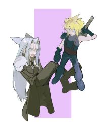 Rule 34 | 2boys, animal ears, armor, asymmetrical arms, belt, black coat, black footwear, black gloves, black pants, blonde hair, blue eyes, blue pants, boots, cat boy, cat ears, chibi, cloud strife, coat, commentary, crossed arms, dog boy, dog ears, final fantasy, final fantasy vii, frown, glaring, gloves, green eyes, grey hair, hashtag-only commentary, high collar, highres, invisible chair, leather belt, light frown, long coat, long hair, long sleeves, looking at viewer, male focus, multiple boys, open mouth, pants, parted bangs, pauldrons, purple background, sephiroth, short hair, shoulder armor, simple background, single pauldron, sitting, sleeveless, slit pupils, spiked hair, square background, suspenders, sword, weapon, weapon on back, xscr1205