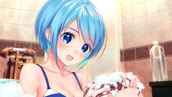 Rule 34 | 1girl, :d, bathtub, bikini, blue eyes, blue hair, blush, bottle, breasts, brown hair, cleavage, indoors, looking at viewer, massage, medium breasts, mochiko kagamino, open mouth, shampoo, short hair, shower head, smile, soap bubbles, solo focus, swimsuit, tiles, valve