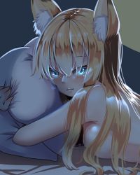Rule 34 | 1girl, animal ears, bad id, bad pixiv id, blonde hair, blue eyes, blush, breasts, fang, fang out, fox ears, kuro-hero, large breasts, lips, long hair, looking at viewer, lying, nude, hugging object, on stomach, original, pillow, pillow hug, smile, solo