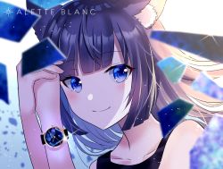 Rule 34 | 1girl, animal ears, arms up, bare shoulders, black hair, black tank top, blue eyes, blurry, blurry background, blurry foreground, blush, closed mouth, collarbone, commentary request, depth of field, fox ears, long hair, looking at viewer, myusha, original, smile, solo, tank top, watch, wristwatch