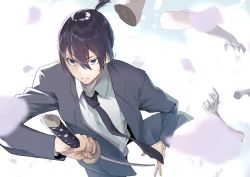 Rule 34 | 1boy, angry, bad anatomy, black hair, black necktie, black suit, blue eyes, business suit, chainsaw man, disembodied hand, formal, hayakawa aki, highres, holding, holding sword, holding weapon, katana, long sleeves, looking to the side, necktie, petals, short hair, simple background, solo, suit, sword, topknot, tsukudani (ore624), weapon, white background