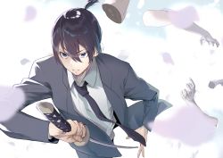 1boy angry bad_anatomy black_hair black_necktie black_suit blue_eyes business_suit chainsaw_man disembodied_hand formal_clothes hayakawa_aki highres holding holding_sword holding_weapon katana long_sleeves looking_to_the_side necktie petals short_hair simple_background solo suit sword topknot tsukudani_(ore624) weapon white_background