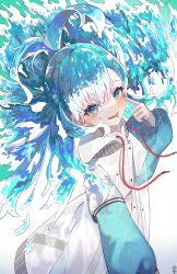 Rule 34 | 1girl, absurdres, akanbe, blowing raspberry, blue eyes, blue nails, eyelid pull, gradient background, highres, hololive, hololive indonesia, hood, kobo kanaeru, liquid hair, may.l, nail polish, raincoat, tongue, tongue out, virtual youtuber, water