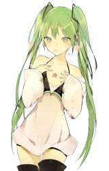 Rule 34 | 1girl, alternate hair color, aqua eyes, bare shoulders, black thighhighs, detached sleeves, dress, green hair, hands on own chest, hatsune miku, headphones, long hair, lpip, mouth hold, petals, simple background, sketch, solo, thighhighs, twintails, very long hair, vocaloid, white background, zettai ryouiki