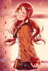 Rule 34 | 10s, 1girl, alternate hairstyle, backlighting, blush, bow, box, brown bow, brown neckwear, brown sailor collar, brown skirt, cardigan, cowboy shot, from side, gift, gift box, holding, holding gift, hoshisakura (starblossom), indoors, jacket, lens flare, locker, long hair, long sleeves, looking at viewer, looking to the side, love live!, love live! school idol festival, love live! sunshine!!, low twintails, miniskirt, open clothes, open jacket, pink bow, plaid, plaid skirt, pleated skirt, red hair, sailor collar, sakurauchi riko, skirt, sleeves past wrists, solo, standing, sunlight, tareme, twintails, unbuttoned, valentine, yellow eyes