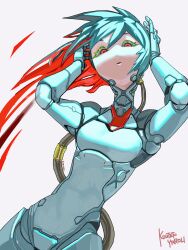 Rule 34 | 1girl, aqua hair, breasts, cable, colored eyelashes, colored inner hair, cyberpunk, cyborg, grey background, highres, joints, koutetu yarou, looking at viewer, medium hair, multicolored hair, original, red eyes, red hair, robot joints, science fiction, signature, small breasts, solo, two-tone hair