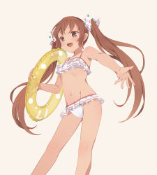 Rule 34 | 1girl, ass, bikini, blush, bow, brown eyes, brown hair, commentary request, dark-skinned female, dark skin, emia wang, fang, frilled bikini, frills, gluteal fold, groin, hair between eyes, hair ribbon, holding, holding swim ring, innertube, kantai collection, libeccio (kancolle), long hair, looking at viewer, navel, open mouth, polka dot, polka dot bow, ribbon, see-through, simple background, smile, solo, standing, swim ring, swimsuit, thighs, twintails, very long hair