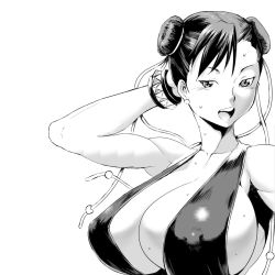 Rule 34 | 1girl, arm behind head, armpit peek, breasts, capcom, chinese clothes, chun-li, cleavage, covered erect nipples, double bun, dress, hair bun, highres, large breasts, mature female, monochrome, official alternate costume, open mouth, revealing clothes, shimotsuki juugo, sideboob, solo, standing, street fighter, street fighter iv (series), sweat, toned