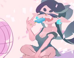 Rule 34 | 1girl, :d, ^ ^, absurdres, aqua dress, bare arms, bare legs, bare shoulders, barefoot, black hair, bow-shaped hair, breasts, callie (splatoon), cleavage, closed eyes, dress, earrings, electric fan, fangs, food, hand up, highres, holding, holding food, holding popsicle, indian style, jewelry, koike3582, long hair, medium breasts, mole, mole under eye, nintendo, open mouth, pointy ears, popsicle, short dress, short eyebrows, sitting, smile, solo, splatoon (series), strap slip, teeth, tentacle hair, very long hair