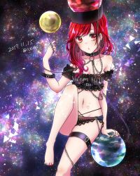 Rule 34 | 1girl, adapted costume, alternate hair color, asymmetrical hair, bad feet, bare shoulders, belt, blush, breasts, chain, cleavage, clothes writing, dated, earrings, earth (ornament), gradient hair, hecatia lapislazuli, highres, hip focus, ice (aitsugai), jewelry, knee up, looking at viewer, moon (ornament), multicolored clothes, multicolored hair, multicolored panties, nail polish, navel, panties, parted lips, pink hair, plaid, plaid panties, print panties, red eyes, red hair, red nails, shiny skin, small breasts, solo, space, swept bangs, thigh strap, thighs, toenails, touhou, twitter username, underwear, underwear only