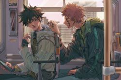Rule 34 | 2boys, absurdres, arm tattoo, bag, black hair, can, cellphone, earphones, extra eyes, facial tattoo, fushiguro megumi, green eyes, hair between eyes, highres, holding, holding phone, jacket, jujutsu kaisen, long sleeves, looking at another, male focus, multiple boys, open clothes, pants, parted lips, phone, pink hair, ryoumen sukuna (jujutsu kaisen), short hair, single earphone removed, sitting, sleeves past wrists, smartphone, smile, sweater, tattoo, train interior, watch, woshihedawei, wristwatch, yaoi
