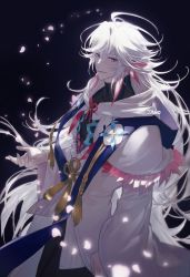 Rule 34 | 1boy, absurdres, ahoge, artist name, bishounen, black background, closed mouth, commentary request, earrings, falling petals, fate/grand order, fate (series), flower, flower knot, highres, hood, hood down, hooded robe, jewelry, jyan512, light smile, long hair, long sleeves, looking at viewer, male focus, merlin (fate), petals, pink flower, purple eyes, ribbon, robe, simple background, smile, solo, stole, tassel, upper body, very long hair, white hair, white hood, white robe, wide sleeves
