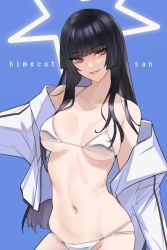 Rule 34 | 1girl, ban! (bansankan), bikini, black hair, blue background, blunt bangs, breasts, character name, eyelashes, highres, hime cut, jacket, long hair, medium breasts, open clothes, open jacket, original, parted lips, red eyes, silver bikini, simple background, skindentation, solo, star (symbol), swimsuit, very long hair, white jacket