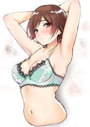 Rule 34 | 1girl, absurdres, aqua bra, armpits, arms behind head, arms up, bare arms, bare shoulders, blush, bra, breasts, brown eyes, brown hair, closed mouth, collarbone, commentary, cropped torso, highres, honda mio, idolmaster, idolmaster cinderella girls, lace, lace-trimmed bra, lace trim, looking at viewer, looking to the side, medium breasts, murabito c, navel, short hair, sideways glance, solo, stomach, strap gap, sweatdrop, underwear, underwear only, upper body, white background