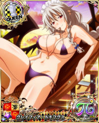 Rule 34 | 1girl, bikini, breasts, card (medium), demon wings, grayfia lucifuge, high school dxd, high school dxd hero, large breasts, long hair, looking at viewer, maid headdress, midriff, official art, red eyes, silver hair, solo, swimsuit, thighs, trading card, wings