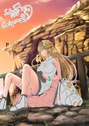Rule 34 | absurdres, artist name, bag, bare shoulders, blonde hair, book, cliff, dress, dusk, full body, highres, holding, holding book, long hair, looking ahead, mountain, mythra (xenoblade), outdoors, sitting, sofusan1526, swept bangs, tiara, white dress, white footwear, xenoblade chronicles (series), xenoblade chronicles 2, xenoblade chronicles 3