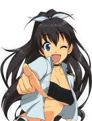 Rule 34 | 1girl, :d, antenna hair, black hair, blue eyes, bow, breasts, choker, cleavage, foreshortening, ganaha hibiki, hair bow, idolmaster, idolmaster (classic), long hair, one eye closed, open clothes, open mouth, open shirt, pengo (pengomk2), pengomk2, pointing, ponytail, shirt, simple background, smile, solo, strapless, transparent background, tube top, underboob, wink