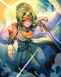 Rule 34 | 1girl, alina l, armor, artist name, belt, boots, closed mouth, commentary, elincia ridell crimea, english commentary, fire emblem, fire emblem: radiant dawn, gem, glint, green gemstone, green hair, highres, holding, holding sword, holding weapon, knee boots, long hair, looking at viewer, nintendo, orange eyes, second-party source, shoulder armor, signature, solo, sword, tiara, twitter username, weapon, white footwear