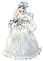 Rule 34 | 1girl, :d, absurdres, blue hair, bouquet, breasts, bride, cleavage, curled horns, dress, elbow gloves, flower, frilled dress, frills, full body, ganyu (genshin impact), genshin impact, gloves, hair between eyes, highres, holding, holding bouquet, horns, long hair, medium breasts, off-shoulder dress, off shoulder, open mouth, puffy short sleeves, puffy sleeves, red eyes, rhea (0u0), see-through, short sleeves, simple background, smile, solo, tiara, veil, very long hair, wedding dress, white background, white dress, white flower, white gloves