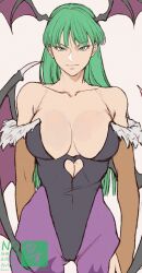 1girl animal_print bat_print black_leotard breasts darkstalkers demon_wings green_eyes green_hair head_wings leotard long_hair looking_at_viewer morrigan_aensland pantyhose purple_pantyhose smile solo strapless strapless_leotard wings yasunososaku