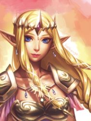Rule 34 | 1girl, armor, bellhenge, blonde hair, blue eyes, braid, breastplate, breasts, cape, cleavage, crown, earrings, forehead jewel, highres, hyrule warriors, jewelry, lips, long hair, looking at viewer, md5 mismatch, nintendo, nose, pauldrons, pointy ears, princess zelda, resized, resolution mismatch, shoulder armor, single braid, solo, source smaller, the legend of zelda, upper body, upscaled