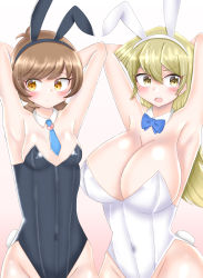 Rule 34 | 2girls, animal ears, armpits, arms up, bare legs, bare shoulders, black headband, black leotard, blonde hair, blue bow, blue neckwear, blush, bow, bowtie, breasts, brown eyes, brown hair, covered navel, cowboy shot, detached collar, fake animal ears, fake tail, gradient background, hair between eyes, headband, heart, highres, huge breasts, leotard, medium breasts, multiple girls, necktie, open mouth, pink background, playboy bunny, rabbit ears, rabbit tail, strapless, strapless leotard, swept bangs, tail, tenjouin asuka, user zufk3473, white headband, white leotard, yellow eyes, yu-gi-oh!, yu-gi-oh! gx, yu-gi-oh! vrains, zaizen aoi