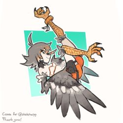 Rule 34 | 1girl, absurdres, ahoge, anklet, bird legs, breasts, cleavage, commentary, commission, feathered wings, grey feathers, grey hair, grey wings, highres, jewelry, karu 184, midriff, multicolored hair, navel, orange hair, orange shorts, original, pouch, short hair, shorts, small breasts, solo, talons, thigh pouch, winged arms, wings