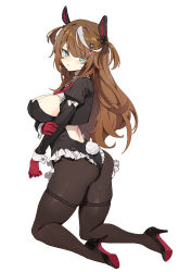 Rule 34 | 1girl, animal ears, ass, backless leotard, black footwear, black jacket, black leotard, blue eyes, breast hold, breasts, brown hair, brown pantyhose, cropped jacket, fake animal ears, fake tail, frilled leotard, frills, from behind, full body, gloves, high heels, highres, jacket, juliet sleeves, kneeling, large breasts, leotard, long hair, long sleeves, looking at viewer, looking back, multicolored hair, open clothes, open jacket, original, pantyhose, puffy sleeves, rabbit ears, rabbit tail, red gloves, simao (x x36131422), simple background, skindentation, solo, strapless, strapless leotard, streaked hair, tail, thigh strap, two side up, white background, wrist cuffs