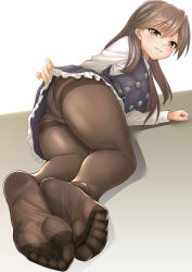 Rule 34 | 10s, 1girl, arashio (kancolle), arashio kai ni (kancolle), ass, belt, black dress, blush, brown eyes, brown hair, clothes lift, dress, dress lift, dutch angle, feet, fingernails, foot focus, foreshortening, frilled dress, frills, from behind, full body, grin, highres, ipuu (el-ane koubou), kantai collection, lifting own clothes, long sleeves, looking at viewer, looking back, lying, no shoes, on ground, panties, panties under pantyhose, pantyhose, pantyshot, parted lips, perspective, pinafore dress, shirt, sleeveless, sleeveless dress, smile, soles, solo, speech bubble, talking, teeth, thighband pantyhose, toe scrunch, toes, underwear, upskirt, white shirt