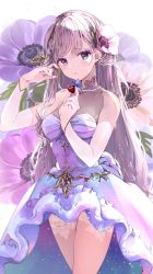 Rule 34 | 1girl, anemone (flower), arm up, bare shoulders, blue eyes, blush, breasts, bug, butterfly, butterfly on hand, closed mouth, collarbone, cowboy shot, dress, elbow gloves, expressionless, eyeshadow, floral background, flower, gloves, hair flower, hair ornament, heart, highres, holding, holding heart, insect, jewelry, lace, long hair, looking at viewer, makeup, necklace, original, puracotte, purple dress, purple flower, purple hair, sleeveless, sleeveless dress, small breasts, solo, straight hair, swept bangs, thighs, very long hair, white gloves