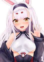 Rule 34 | 1girl, :d, absurdres, animal ears, azur lane, bare shoulders, black hairband, black jacket, breasts, brown eyes, collarbone, commentary request, covered collarbone, hair intakes, hairband, hand up, highres, jacket, long sleeves, looking at viewer, off shoulder, open clothes, open jacket, open mouth, puffy long sleeves, puffy sleeves, rabbit ears, ryara, shimakaze (azur lane), simple background, sleeves past wrists, small breasts, smile, solo, upper body, white background, white hair