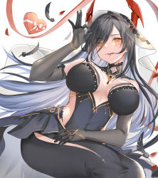 Rule 34 | 1girl, azur lane, between breasts, black dress, black feathers, black hair, breasts, collared dress, detached sleeves, dress, drooling, elbow gloves, feathers, friedrich der grosse (azur lane), friedrich der grosse (zeremonie of the cradle) (azur lane), gloves, hair in own mouth, hand on lap, hand up, headgear, highres, jewelry, large breasts, looking at viewer, necklace, official alternate costume, rero (bigdoorbig2), saliva, saliva trail, see-through, tongue, tongue out, yellow eyes