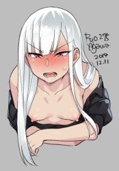 Rule 34 | 1girl, agawa ryou, artist name, black shirt, blunt bangs, blush, breasts, collarbone, commentary, dated, embarrassed, english commentary, from above, full-face blush, grey background, leaning forward, long hair, looking at viewer, narrowed eyes, nipples, open mouth, original, red eyes, shirt, unworn shirt, signature, simple background, small breasts, solo, straight hair, sweatdrop, teeth, tongue, tsundere, upper body, white hair