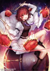 Rule 34 | 1girl, bad id, bad pixiv id, boots, breasts, drum, drumsticks, horikawa raiko, instrument, jacket, looking at viewer, necktie, official art, open mouth, plaid, plaid shirt, red eyes, red hair, shirt, short hair, skirt, smile, solo, touhou, watermark, yuli (yulipo)