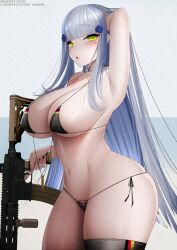 Rule 34 | 1girl, arm behind head, arm up, armpits, assault rifle, bare shoulders, bikini, black choker, blue hair, blush, breasts, choker, cleavage, gdat, girls&#039; frontline, green eyes, gun, h&amp;k hk416, hair ornament, hk416 (girls&#039; frontline), holding, holding weapon, large breasts, long hair, looking at viewer, navel, nipples, open mouth, presenting armpit, rifle, simple background, solo, stomach, swimsuit, very long hair, weapon