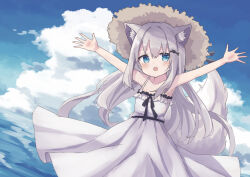 Rule 34 | 1girl, :o, absurdres, animal ear fluff, animal ears, bare shoulders, black ribbon, blue eyes, blue sky, blush stickers, cloud, cloudy sky, collarbone, colon br, cowboy shot, day, dress, fang, fox ears, fox girl, fox tail, frilled dress, frills, grey ribbon, hair between eyes, hair ornament, hat, hat ribbon, highres, long dress, open hands, open mouth, original, outdoors, outstretched arms, ribbon, sidelocks, skin fang, sky, sleeveless, sleeveless dress, solo, straw hat, sundress, tail, white dress, white hair