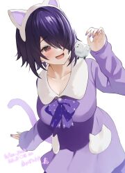 Rule 34 | 1girl, absurdres, animal, animal ears, animal on shoulder, aogiri koukou, bird, bird on shoulder, blush, bow, bowtie, breasts, cat ears, cat tail, cleavage, collarbone, dress, fake animal ears, hair over one eye, highres, kkix25, large breasts, open mouth, otodama tamako, purple bow, purple bowtie, purple dress, purple hair, purple nails, red eyes, short hair, solo, sparkle print, tail, virtual youtuber