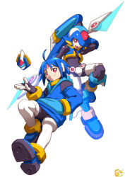 Rule 34 | 1boy, :d, ahoge, ankle boots, arm up, blue footwear, blue hair, blue vest, boots, capcom, closed mouth, floating, floating object, full body, hand in pocket, helmet, holding, holding weapon, hood, hood down, hooded jacket, jacket, long sleeves, looking at viewer, mega man (series), mega man zx, mega man zx advent, model l, official art, open mouth, pink eyes, pocket, smile, thetis (mega man), vest, weapon