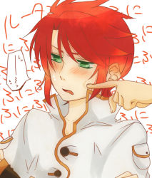 Rule 34 | 00s, 1boy, aoi choko (aoichoco), bad id, bad pixiv id, blush, cheek poking, green eyes, luke fon fabre, male focus, monaco0704, poking, red hair, simple background, solo, speech bubble, tales of (series), tales of the abyss, translation request, white background