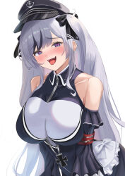 Rule 34 | 1girl, absurdres, azur lane, bare shoulders, beret, black dress, black hat, blush, breasts, dress, elbe (azur lane), frills, hat, highres, large breasts, long hair, looking at viewer, multicolored hair, open mouth, peaked cap, purple eyes, remapack77, solo, streaked hair, tongue, tongue out, upper body, very long hair, white hair