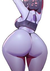 Rule 34 | 1girl, absurdres, arms up, ass, colored skin, cowboy shot, doublehero, from behind, highres, purple hair, purple skin, skullgirls, solo, squigly (skullgirls), tank top, thick thighs, thighs, thong, white background, wide hips