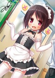 Rule 34 | 1boy, 1girl, apron, bare shoulders, black dress, brown hair, door, dress, elbow gloves, gloves, highres, indoors, long hair, maid, maid day, maid headdress, open mouth, original, ponytail, red eyes, shirt, shirt grab, short dress, smile, solo focus, thighhighs, waist apron, white apron, white gloves, white shirt, white thighhighs, yukino minato